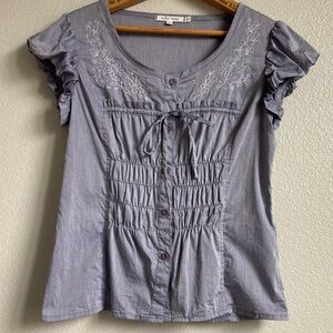 Ruby Rose Y2K cap puff bubble sleeve embroidered button up smocked Twee top sz S